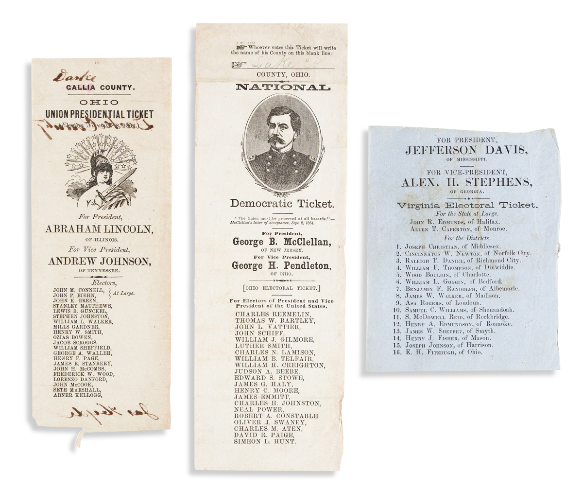 (PRESIDENTS--1864 CAMPAIGN.) Ohio ballots for the dueling Lincoln and McClellan tickets, plus a Confederate ballot for Davis.